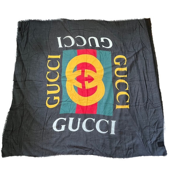 GUCCI Black Modal Silk Scarf with Logo Design - Picture 3 of 12